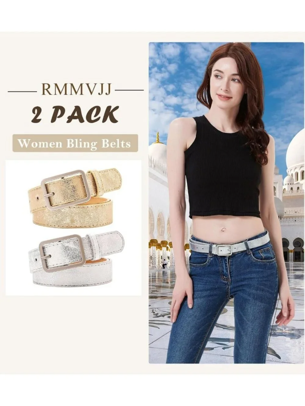 Shiny Bling Belts for Women - Gold & Silver Leather, Perfect for Parties & Jeans